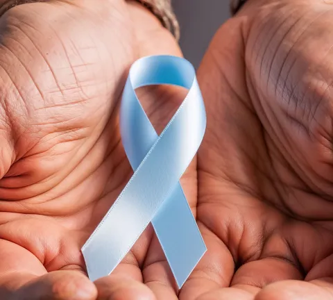 mannenhanden die een blauwe ribbon vasthouden
